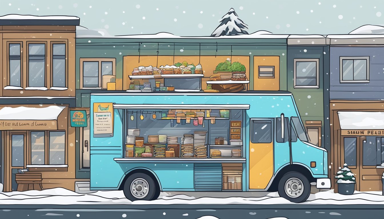 A food truck parked on a snowy street in Anchorage, Alaska, with a sign displaying food truck laws and regulations