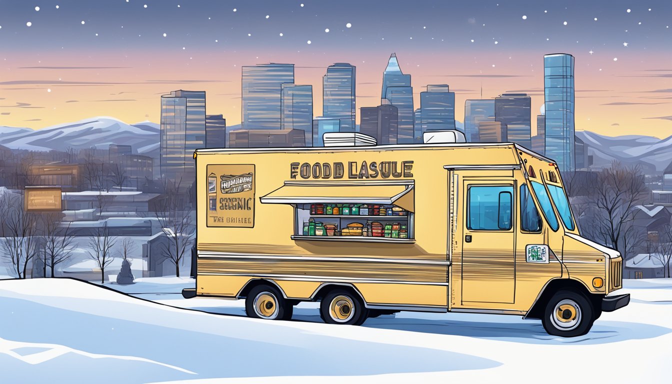 A food truck parked in a snowy urban setting, with a city skyline in the background. A sign displays "Operational Essentials for Food Trucks" and "Food Truck Laws Anchorage, Alaska."