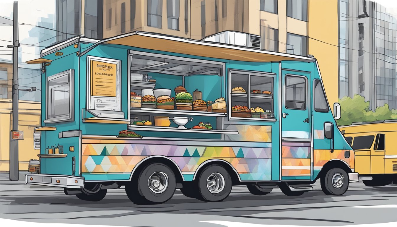 A food truck parked in downtown Anchorage, Alaska, displaying various certifications and training credentials for food truck operators in compliance with local laws