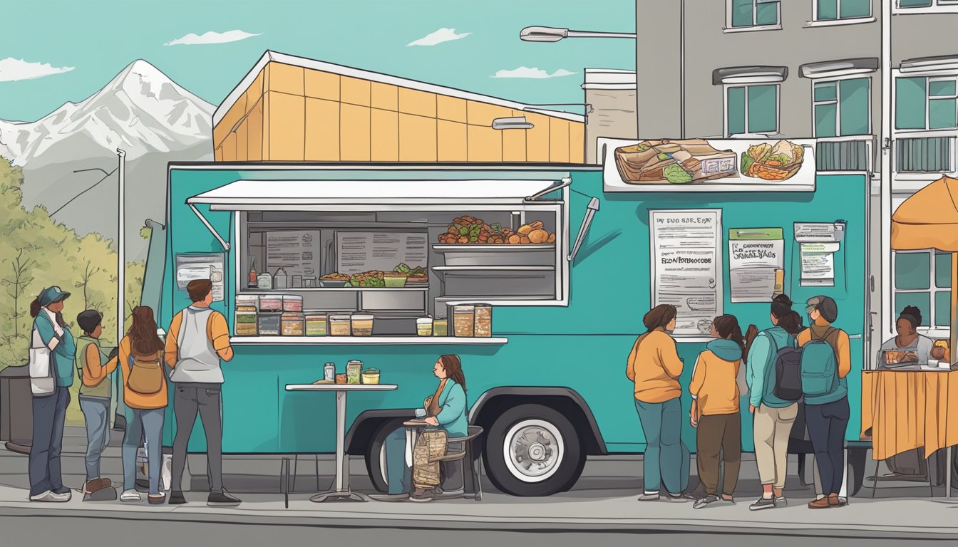 A food truck parked in Anchorage, Alaska, with a menu board displaying various dishes. Customers line up to order as the staff prepares food inside the truck