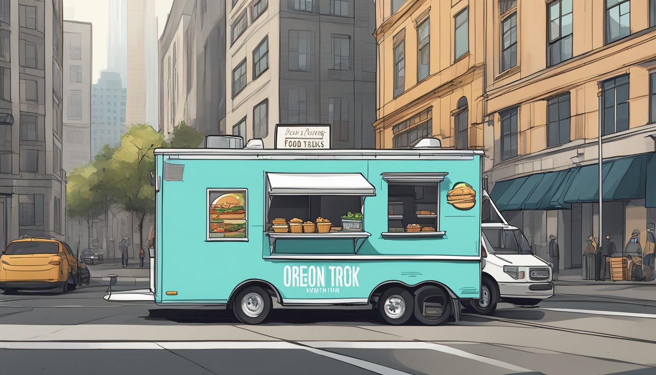 A food truck parked on a city street, with zoning laws and location considerations for food trucks in Oregon displayed on a nearby sign