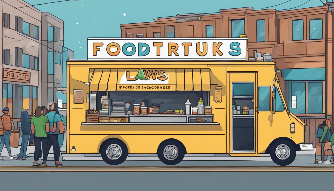 A food truck parked on a city street, with a line of customers waiting to order. A sign displays food truck laws for Anchorage, Alaska