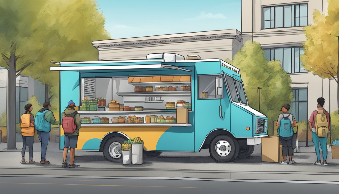 A food truck parked outside a government building in Oregon, with operators attending a training session on food truck laws and regulations