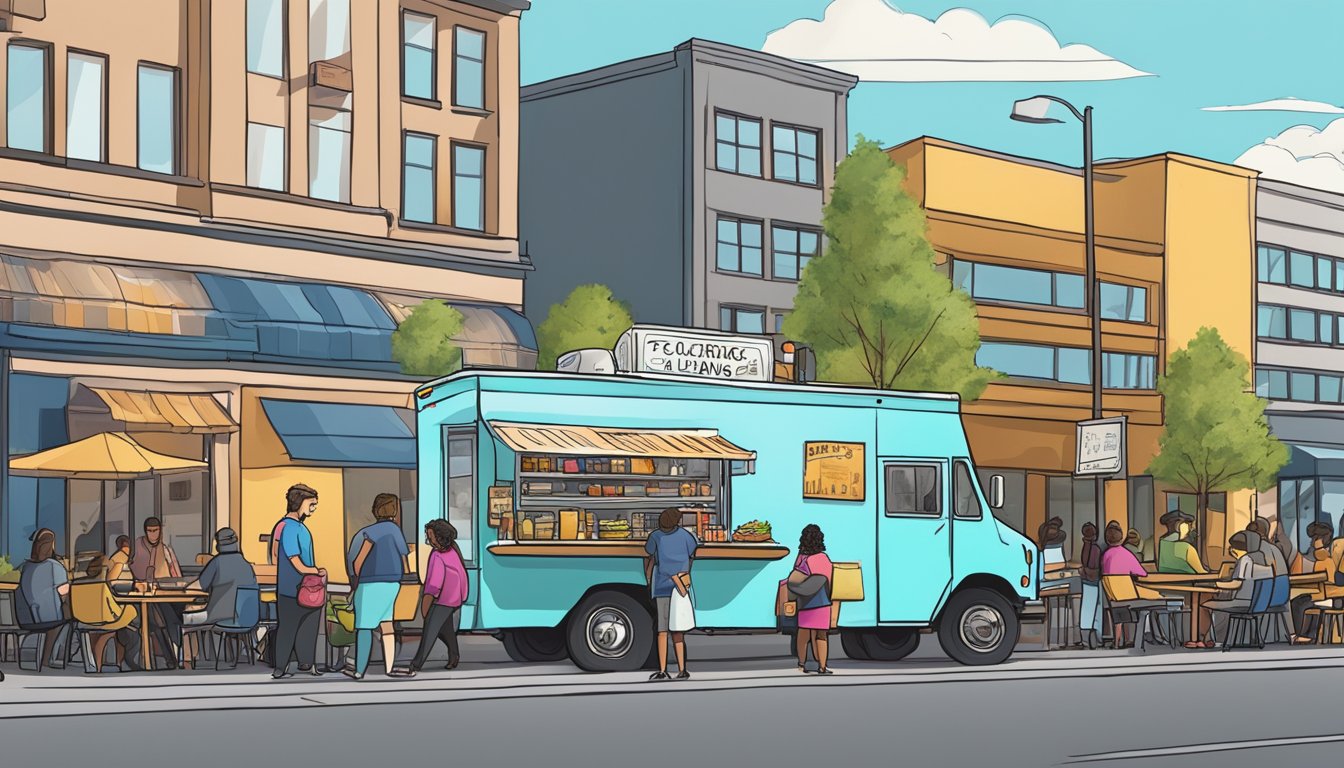 A food truck parked on a city street, surrounded by customers and signs displaying local food truck laws in Anchorage, Alaska