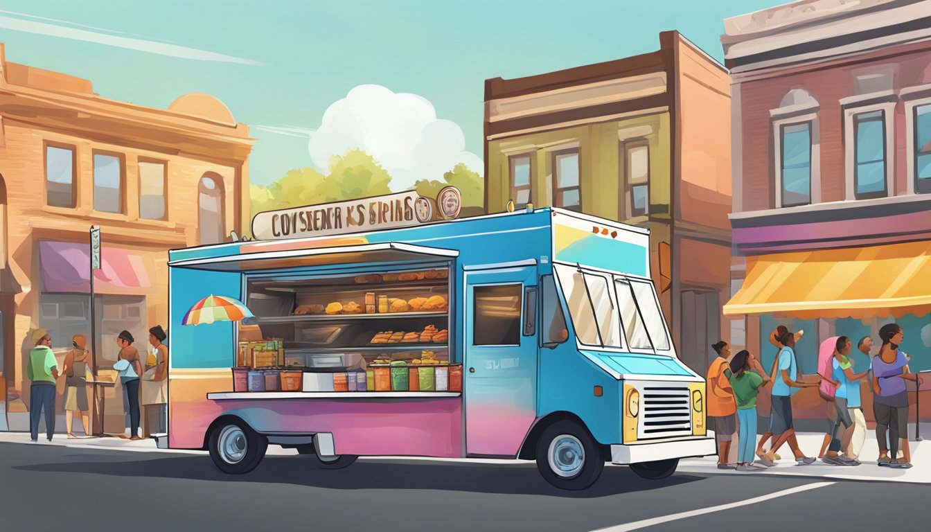 A food truck parked on a bustling street in Oregon, with a line of customers eagerly waiting to order. The sun is shining and the truck is adorned with colorful signage