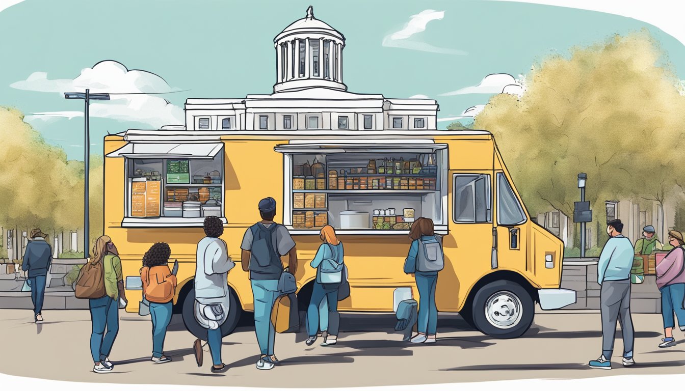 A food truck parked outside the Oregon State Capitol, with a group of people discussing new industry updates and laws