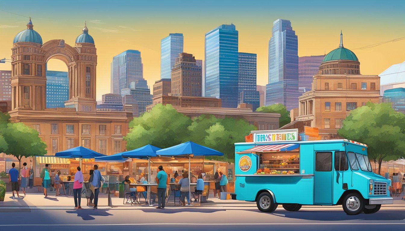 A food truck parked in a bustling city square, surrounded by customers and colorful signage, with a backdrop of the Fort Worth, Texas skyline