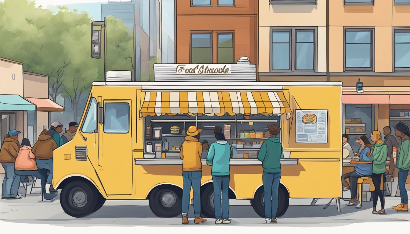 A food truck parked in downtown Anchorage, Alaska, with a line of eager customers waiting to order. The owner chats with regulars, building strong relationships