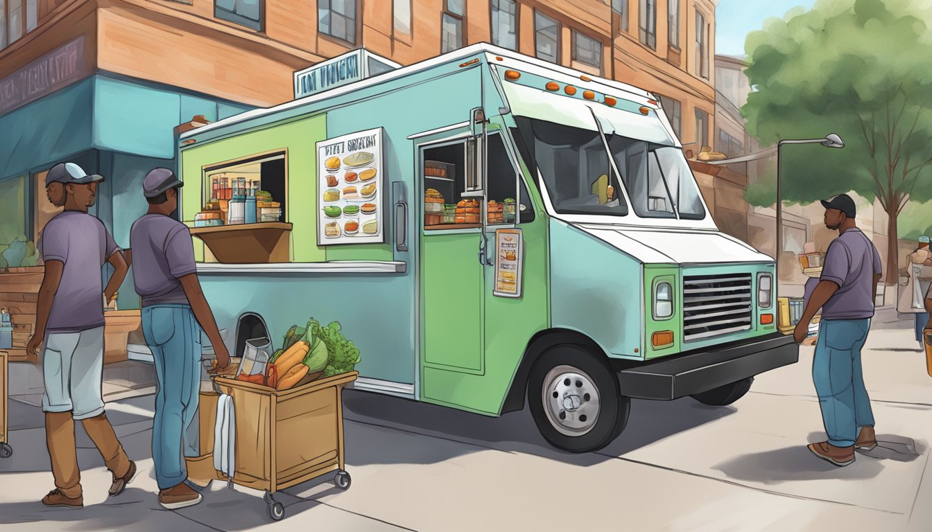 A food truck parked on a city street, surrounded by customers. A sign displays "Fort Worth Food Truck Laws" while workers clean and maintain the vehicle