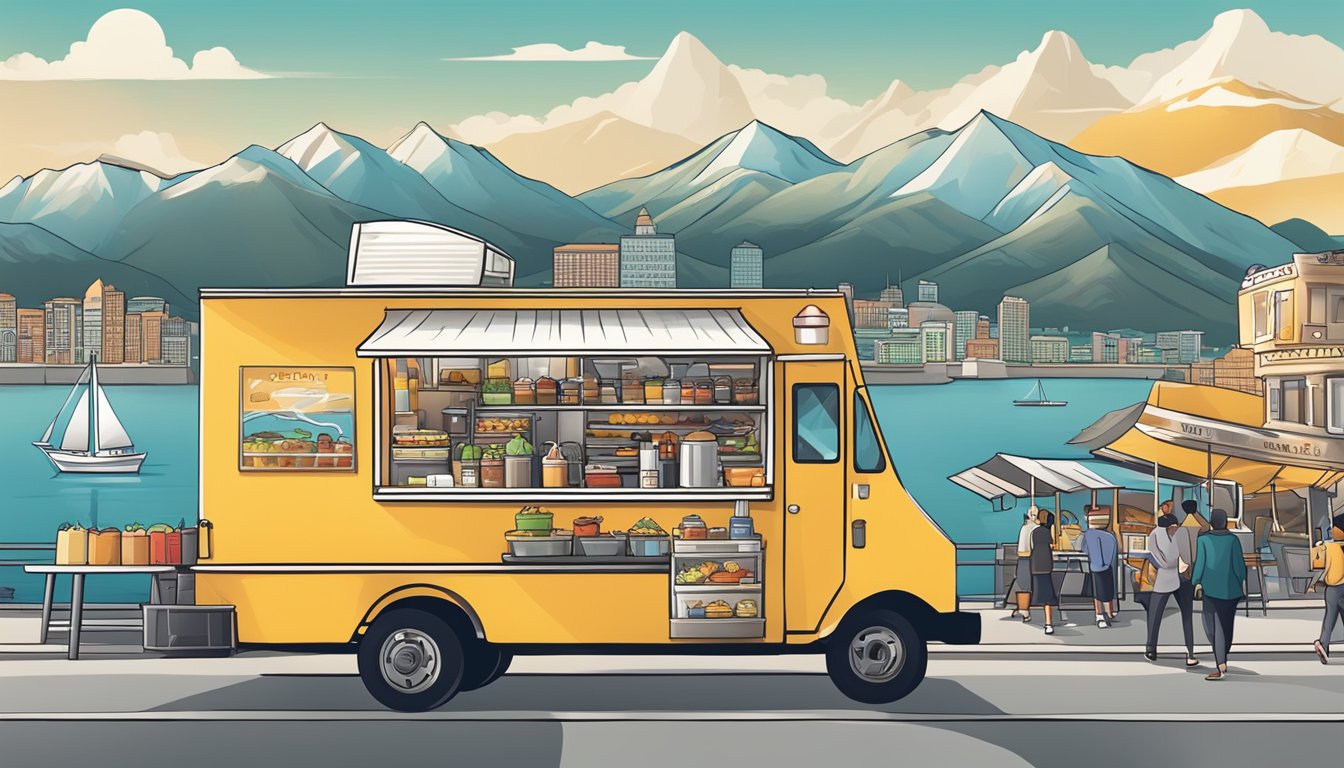 A food truck navigating through a bustling city, surrounded by mountains and a harbor. Signs display various food laws and regulations