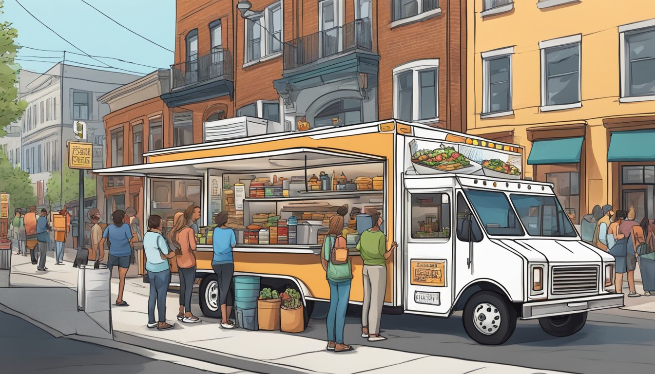 A food truck parked on a bustling street in Ohio, surrounded by customers and complying with local food truck laws