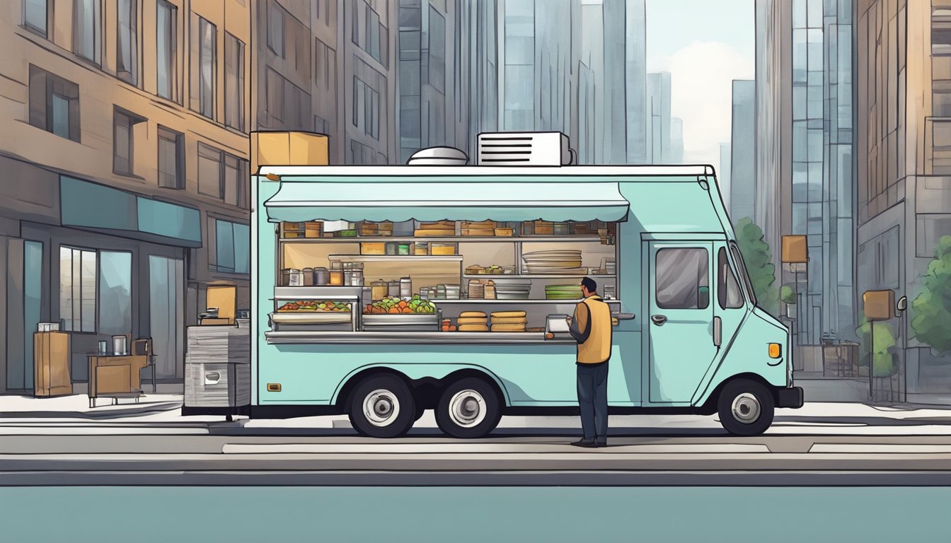 A food truck parked on a city street while a health inspector examines the cleanliness and compliance of the kitchen and food handling areas