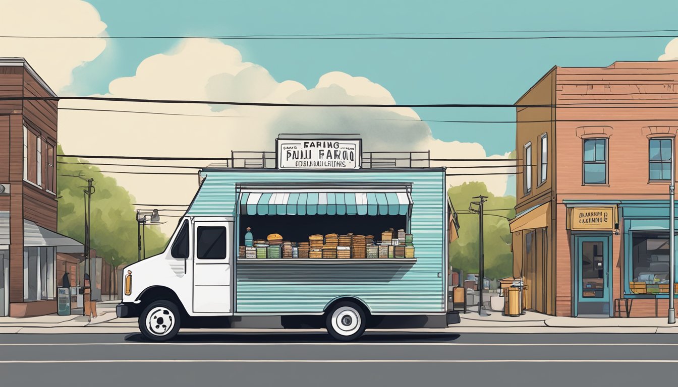 A food truck parked on a busy street in Clarksville, Tennessee, with signage displaying local parking and operational laws