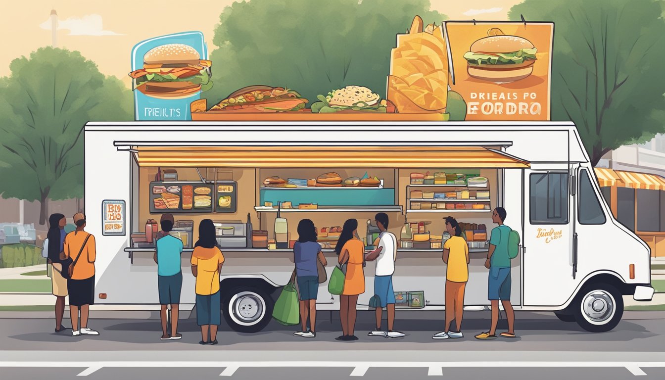 A food truck parked on a bustling street in Plano, Texas, with a line of customers waiting to order. The sun is shining, and the truck is adorned with colorful signage advertising its menu