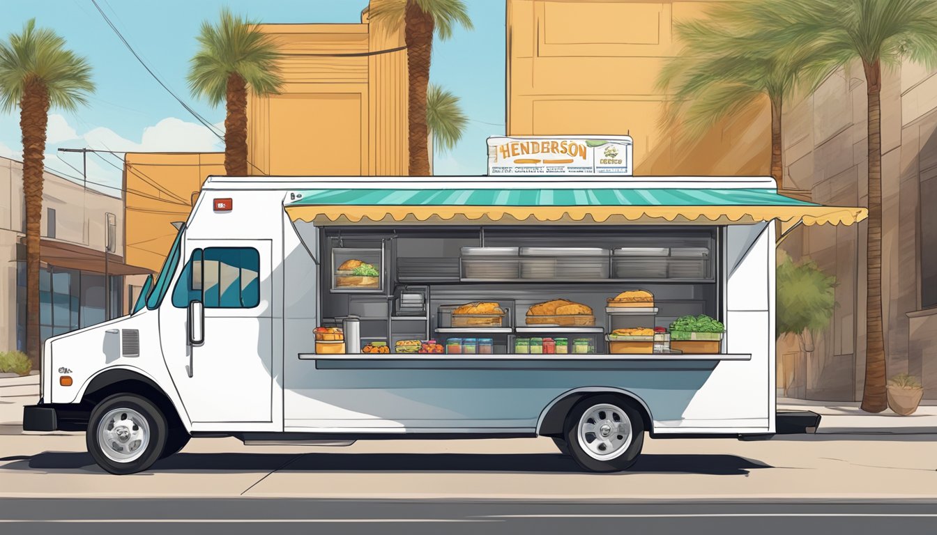 A food truck parked in downtown Henderson, Nevada with permits and licenses displayed prominently