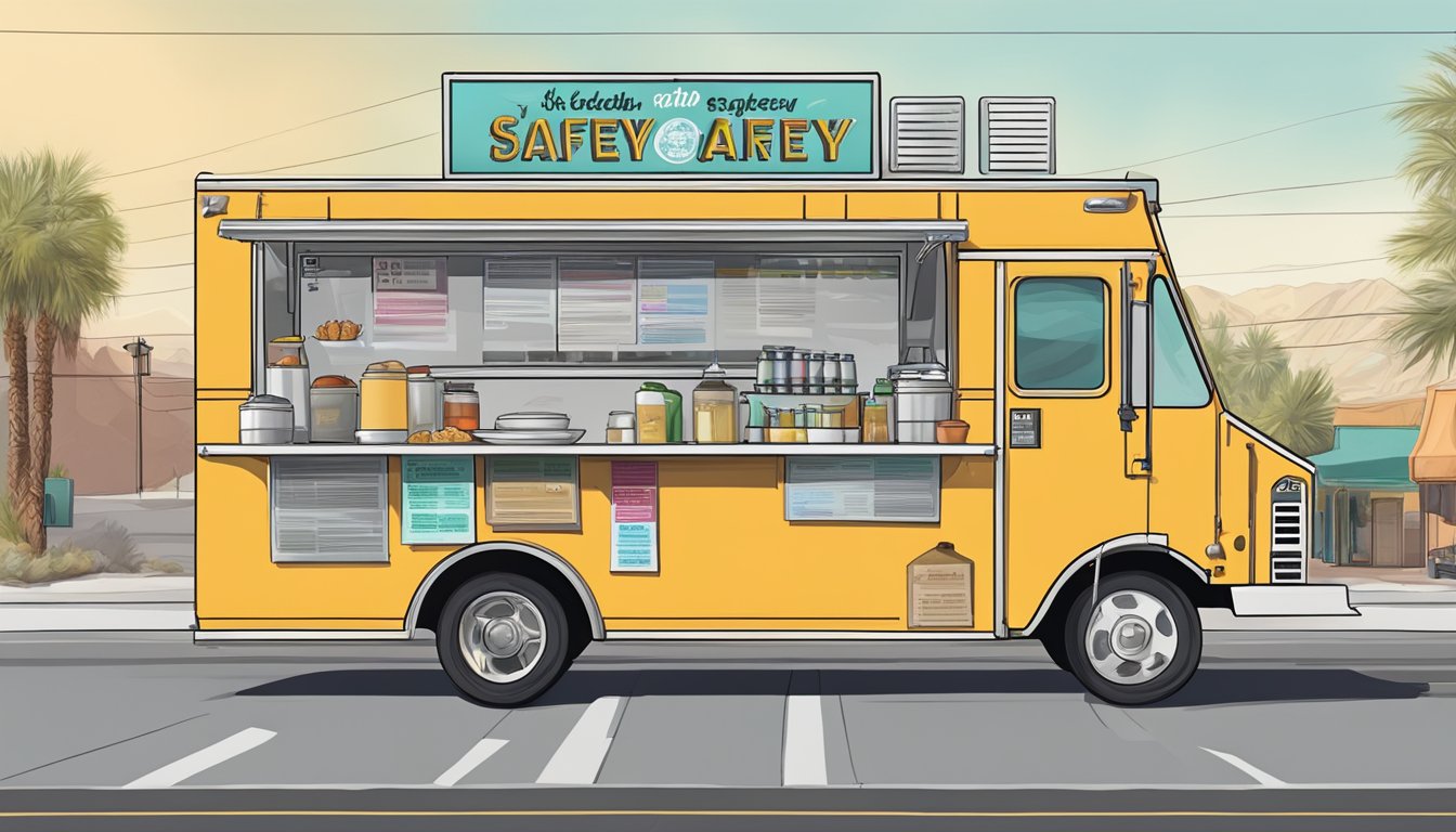 A food truck parked in Henderson, Nevada, with visible health and safety regulations posted on the exterior