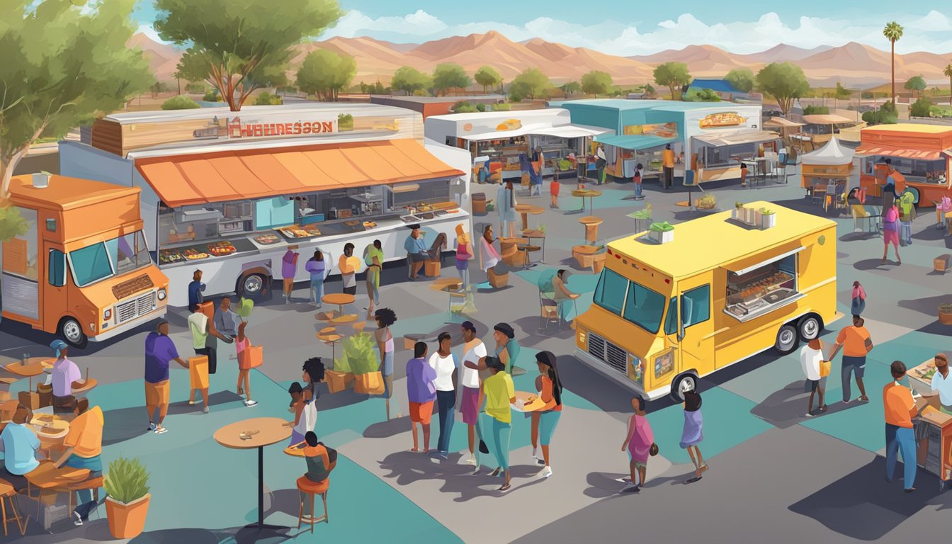 A bustling food truck park in Henderson, Nevada, with colorful trucks serving a variety of cuisines and beverages to a diverse crowd