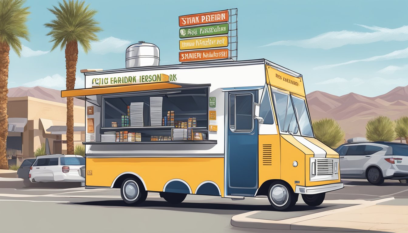 A food truck parked in Henderson, Nevada, with a city ordinance sign and a stack of legal documents on the counter