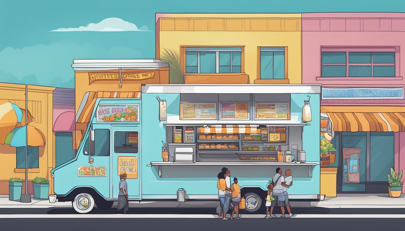 A food truck parked on a busy street in Henderson, Nevada, with colorful signage promoting its menu and special offers. Customers line up to order