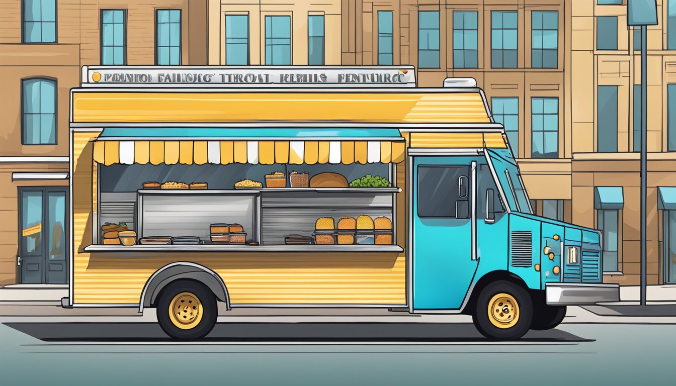 A food truck parked in compliance with Plano, Texas regulations, displaying required permits and signage