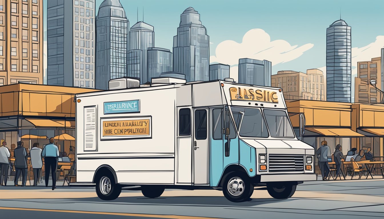 A food truck parked in a bustling plaza, with a city skyline in the background. A sign on the truck indicates insurance and liability compliance