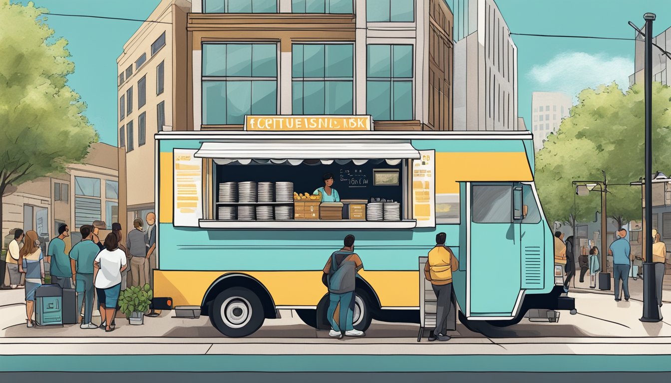 A food truck parked on a busy street in Plano, Texas, with a city official inspecting its financial management records