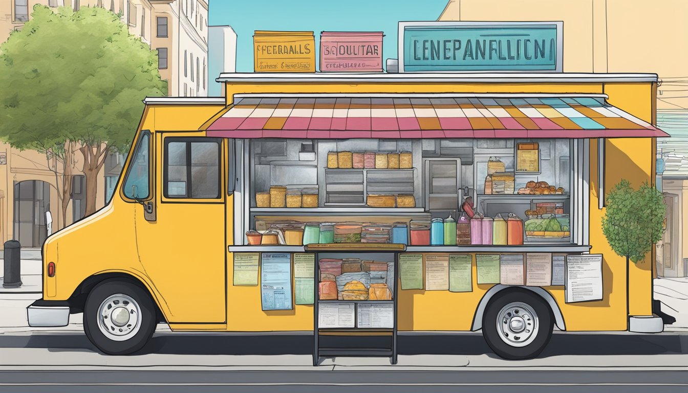 A food truck parked in downtown San Antonio, Texas, with a city official inspecting permits and licenses displayed on the window