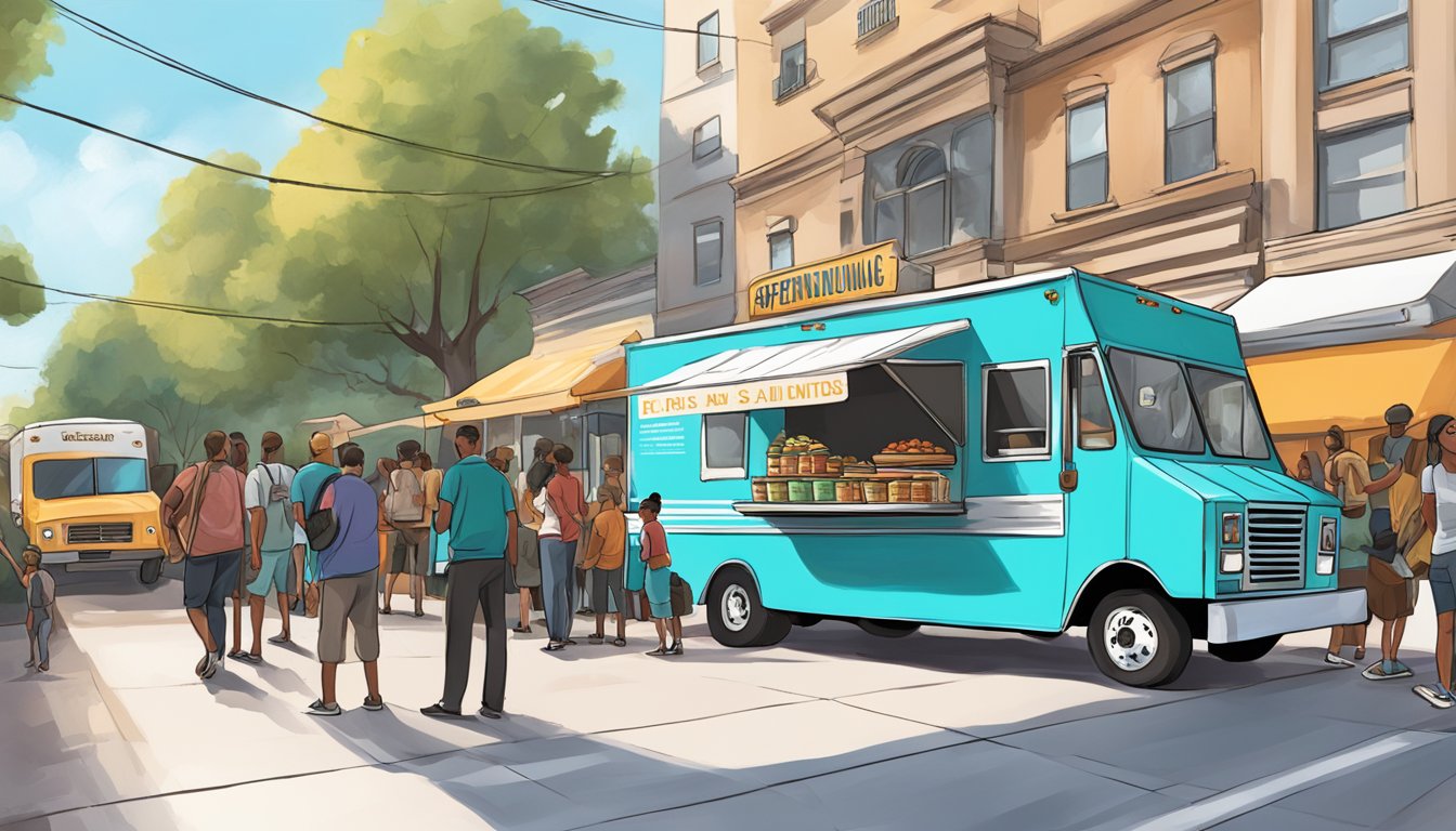 A food truck parked on a city street, surrounded by a crowd. A sign displays "Operational Guidelines" for food truck laws in San Antonio, Texas