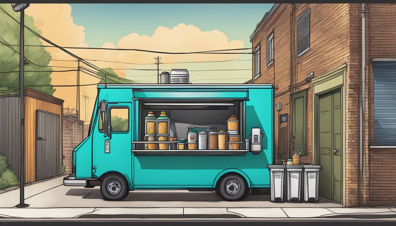 A food truck parked near waste bins in a Plano, Texas alley, with utility lines overhead