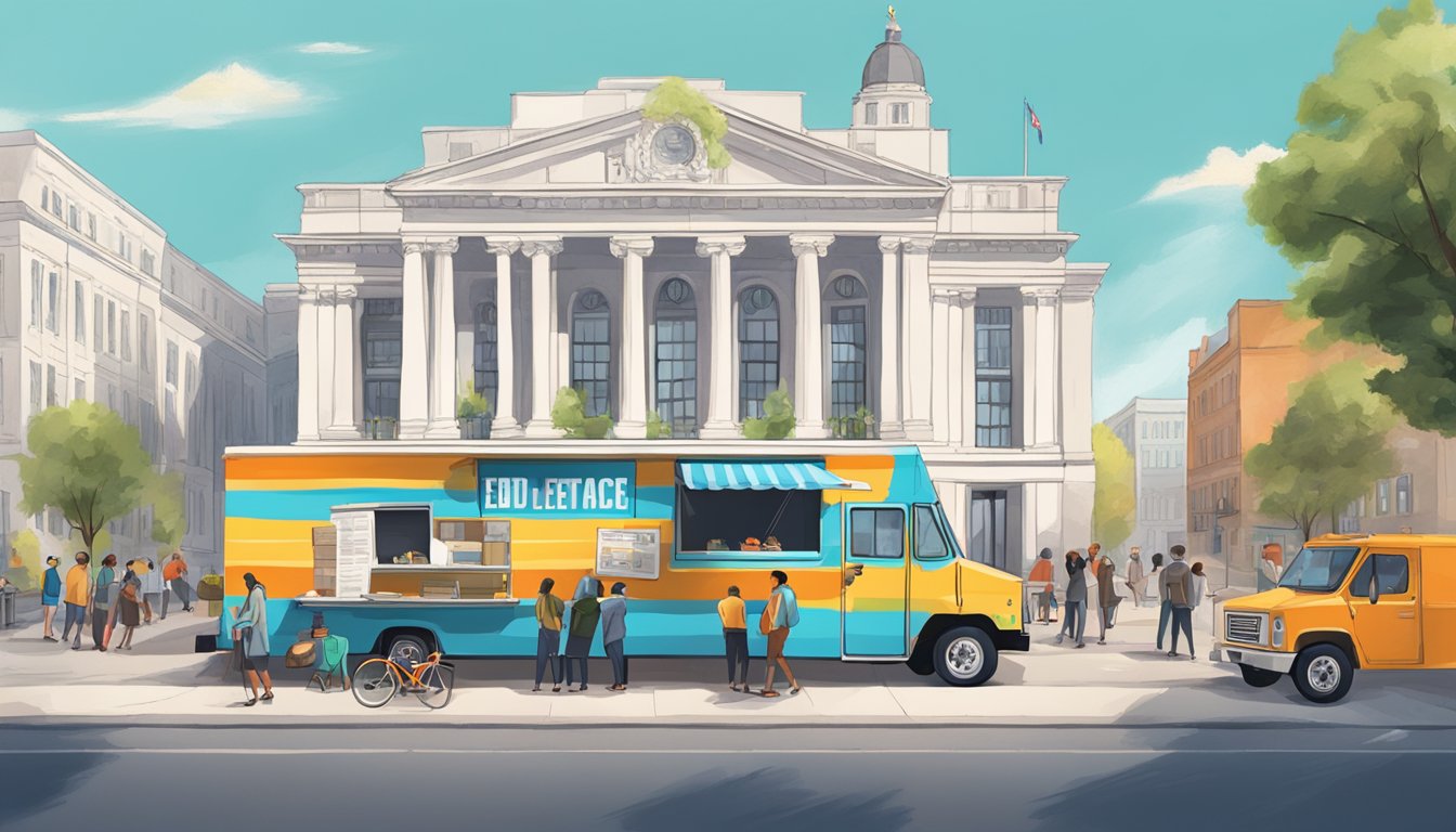 A food truck parked in front of a city hall, with a group of people discussing legal documents and regulations