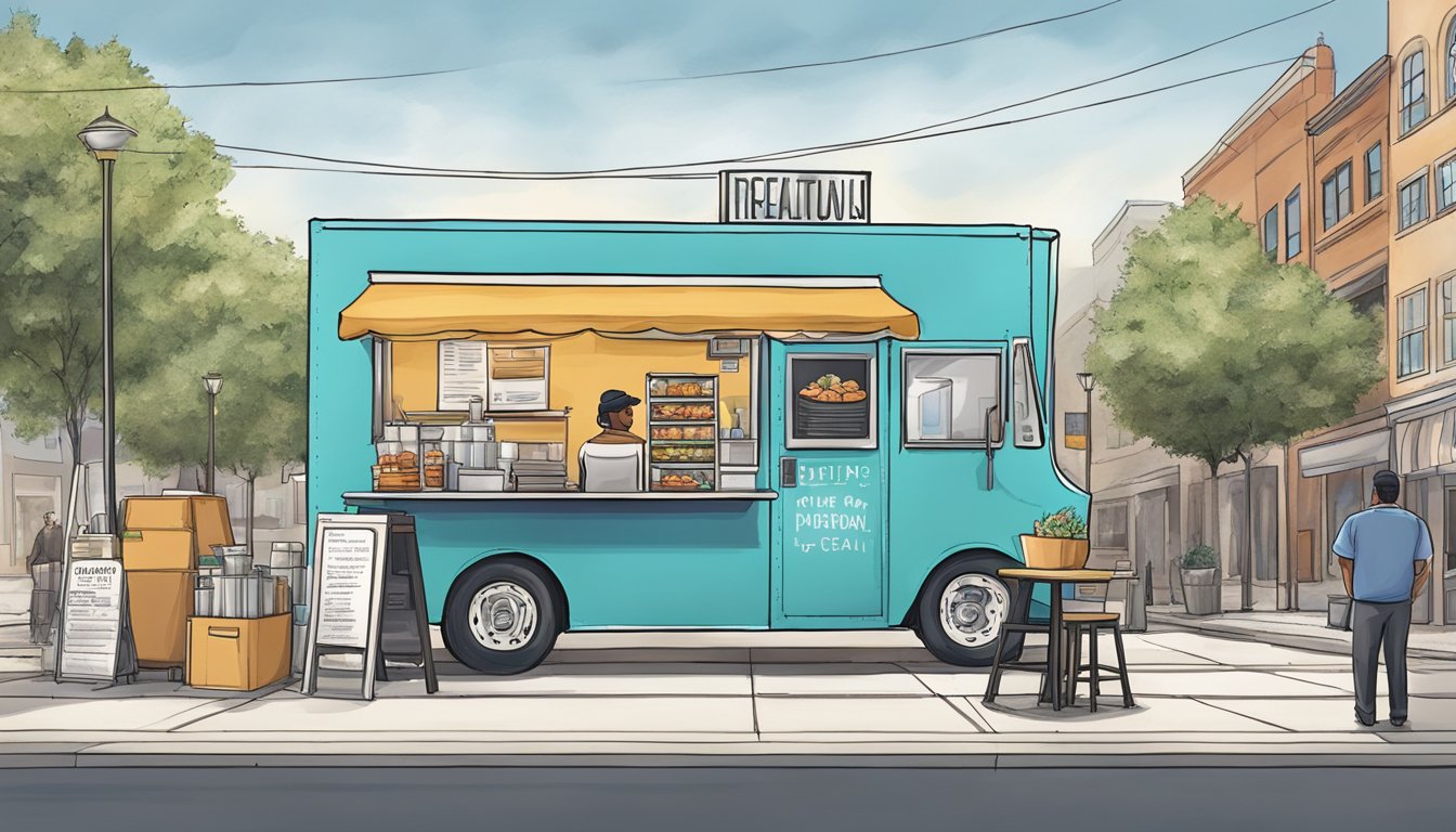 A food truck parked in downtown Plano, Texas, with signage displaying state and federal regulations. A city official reviewing paperwork with the food truck owner