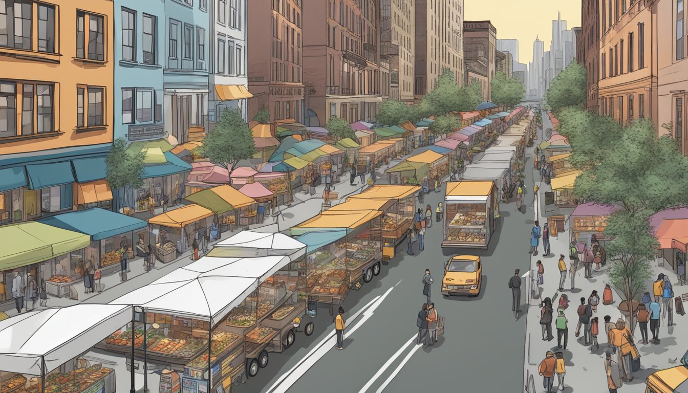 A bustling city street with food trucks lined up, each displaying the required permits and following the operational guidelines for mobile food units in New York