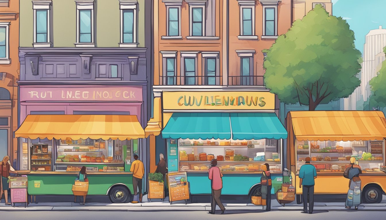 A bustling city street with food trucks lined up, each displaying their unique menus and colorful exteriors. A city official inspects licenses and health codes