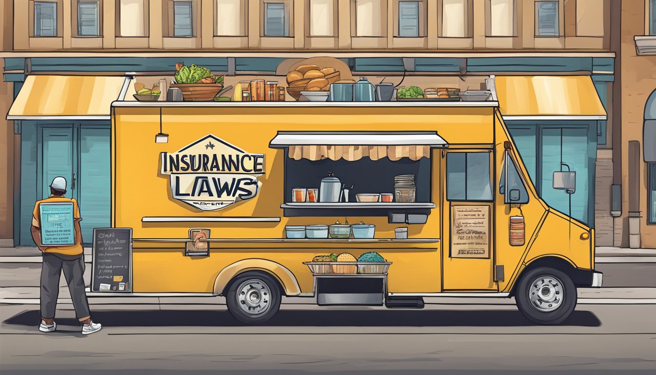 A food truck parked in downtown Phoenix, Arizona, with a sign displaying "Insurance and Liability" laws prominently