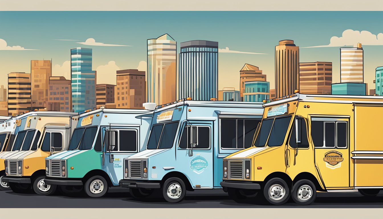 A row of food trucks parked along a street in Phoenix, Arizona, with a city skyline in the background. Each truck displays a sign with operational guidelines