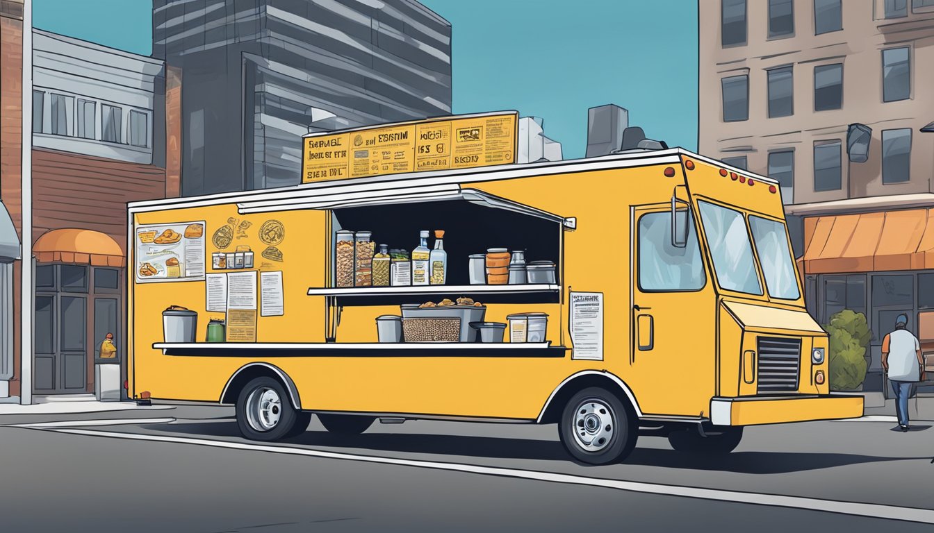 A food truck parked in New Jersey, with visible health and safety compliance signs and regulations displayed prominently