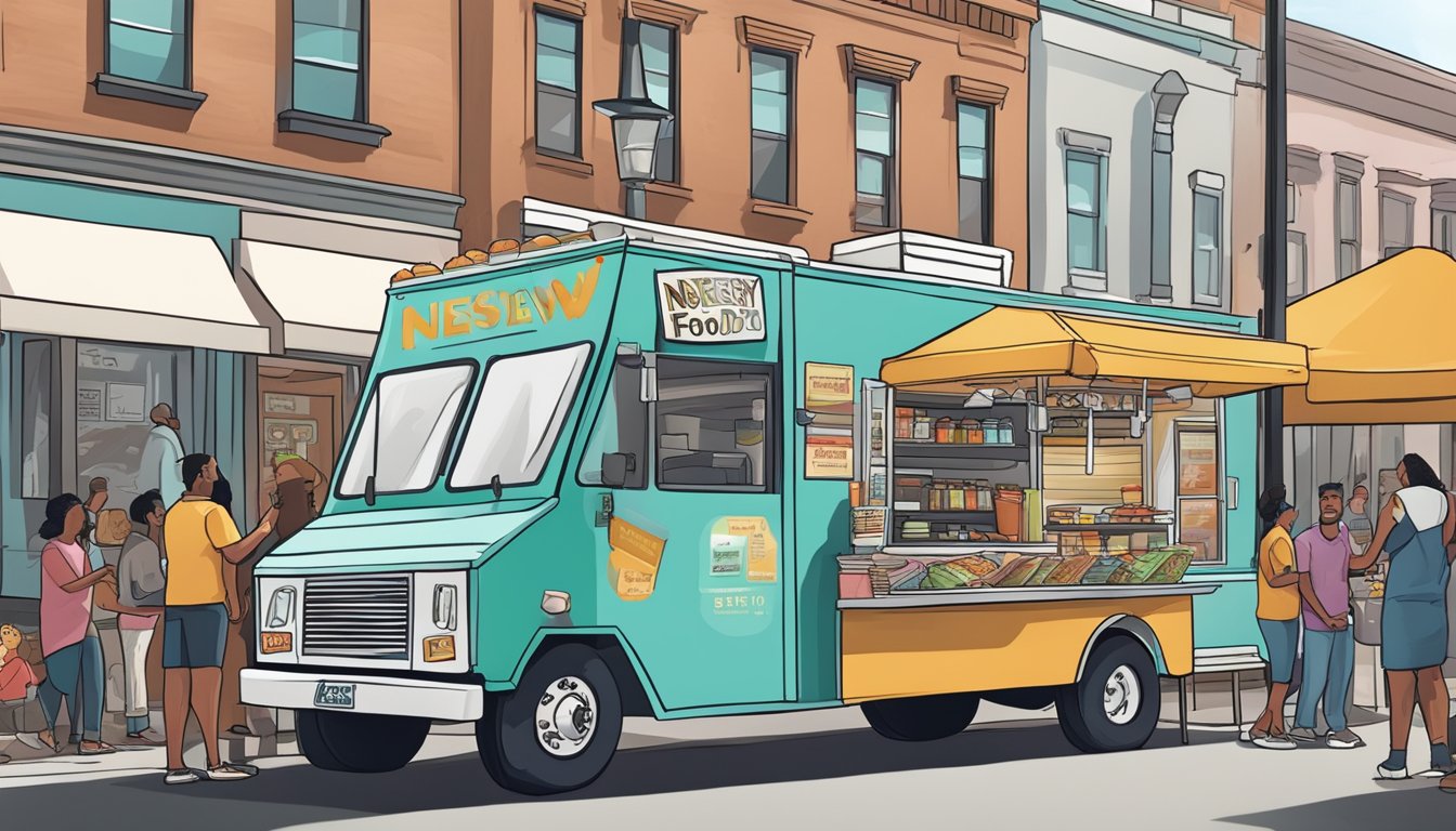 A food truck parked on a city street, surrounded by customers. A sign displays "New Jersey Food Truck Laws" while the owner handles money and serves food