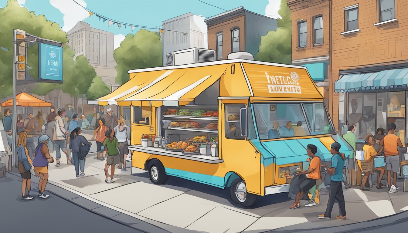 A food truck parked on a bustling street, surrounded by signs displaying New Jersey food truck laws. The vendor interacts with customers while complying with regulations