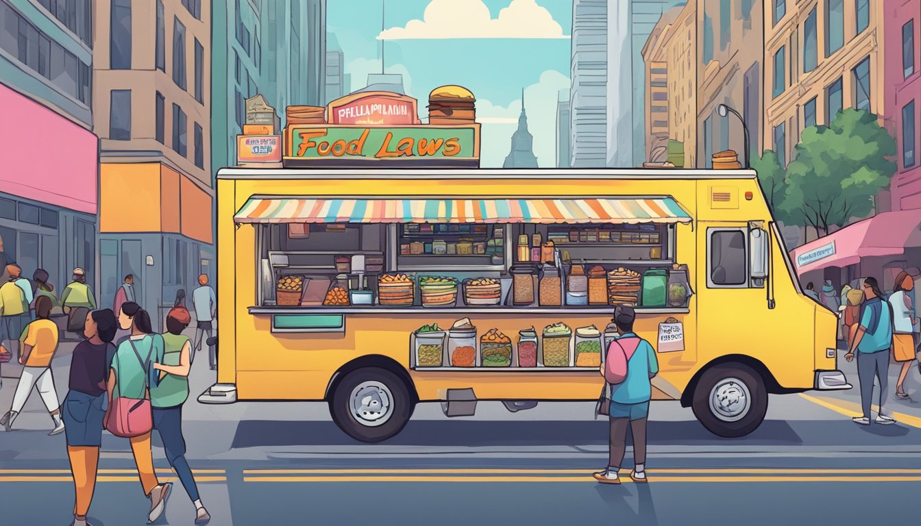 A food truck parked on a city street, surrounded by bustling pedestrians and colorful signage. A city skyline in the background with a sign displaying "Philadelphia, Pennsylvania Food Truck Laws."