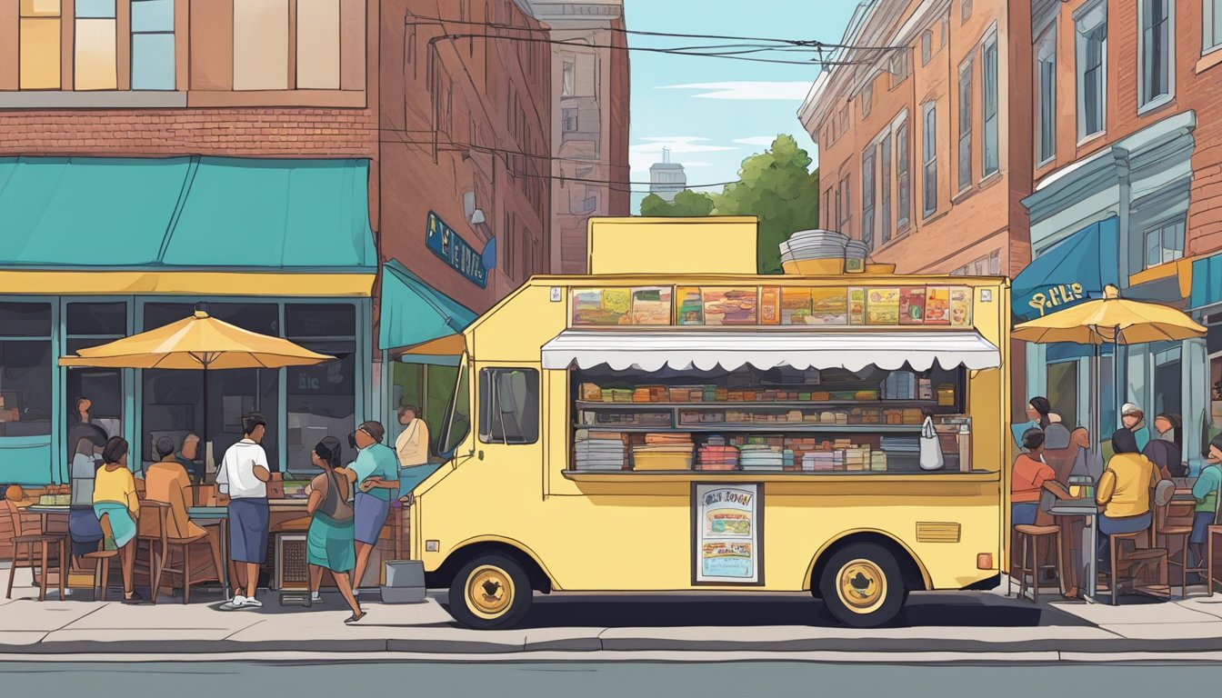 A food truck parked on a bustling street in Durham, North Carolina, with a line of customers waiting to order. The truck is adorned with colorful signage and a menu board displaying the day's offerings