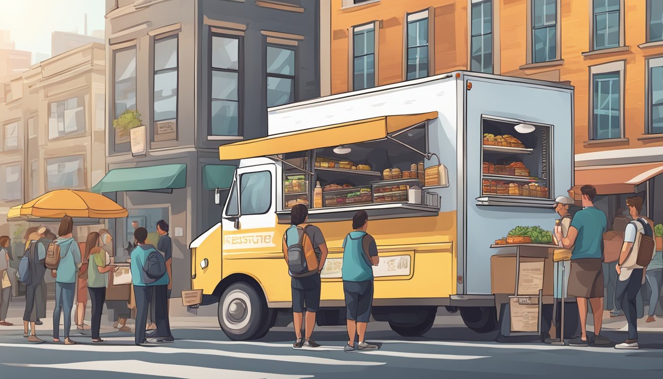 A food truck parked on a city street, with customers lined up and a bustling atmosphere. The truck displays a menu and follows local regulations