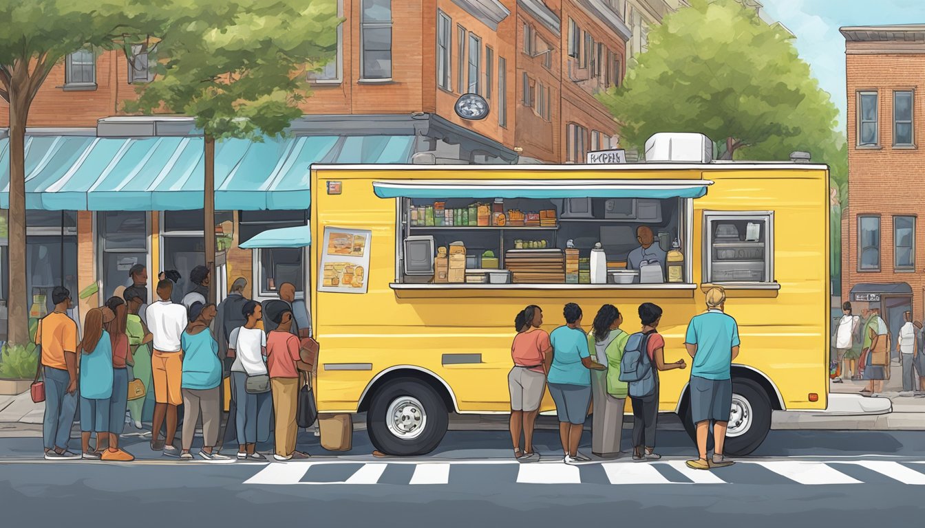 A food truck parked on a bustling street in Durham, North Carolina, with customers lined up and a city official inspecting its compliance with local laws