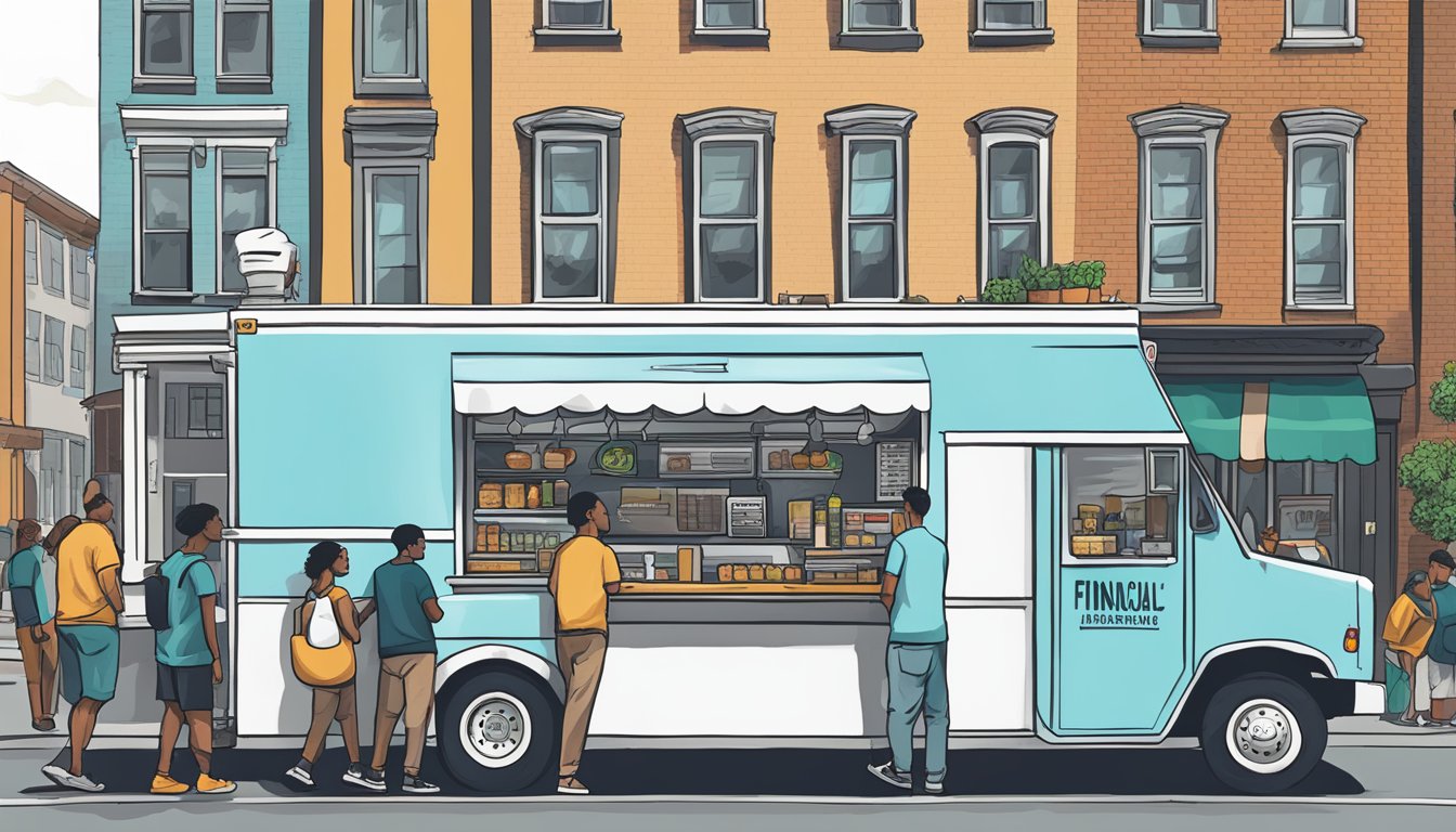 A food truck parked on a bustling street in Durham, North Carolina, with a sign displaying "Financial Management" laws. Customers line up to order