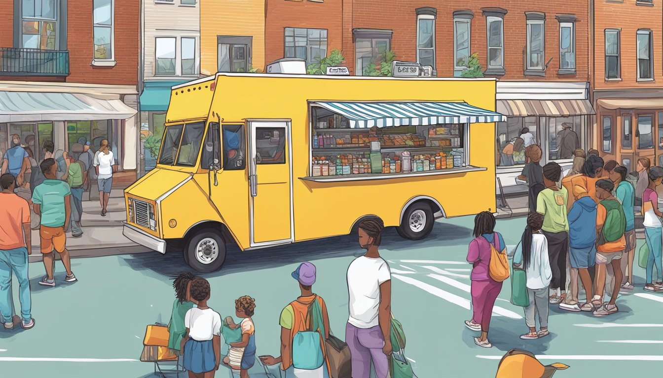 A colorful food truck parked on a bustling street in Durham, North Carolina, with a line of customers waiting to order