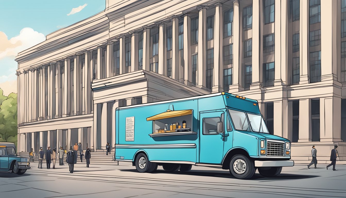 A food truck parked in front of a government building, surrounded by officials discussing new regulations and upgrades