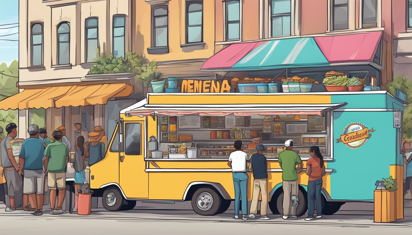 A food truck parked on a bustling street in Nevada, with a line of customers waiting to order and colorful signage promoting the menu