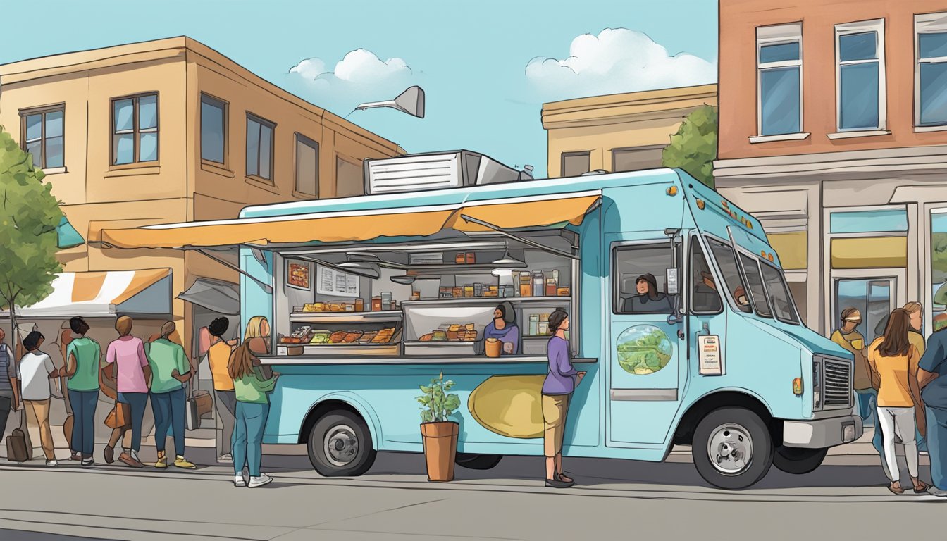 A food truck parked on a bustling street in Aurora, Colorado, with customers lined up to order, while the owner navigates through local food truck laws