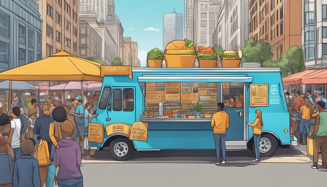 A food truck parked on a city street, surrounded by a crowd of people, with signs displaying various legal requirements and compliance laws for Pittsburgh, Pennsylvania