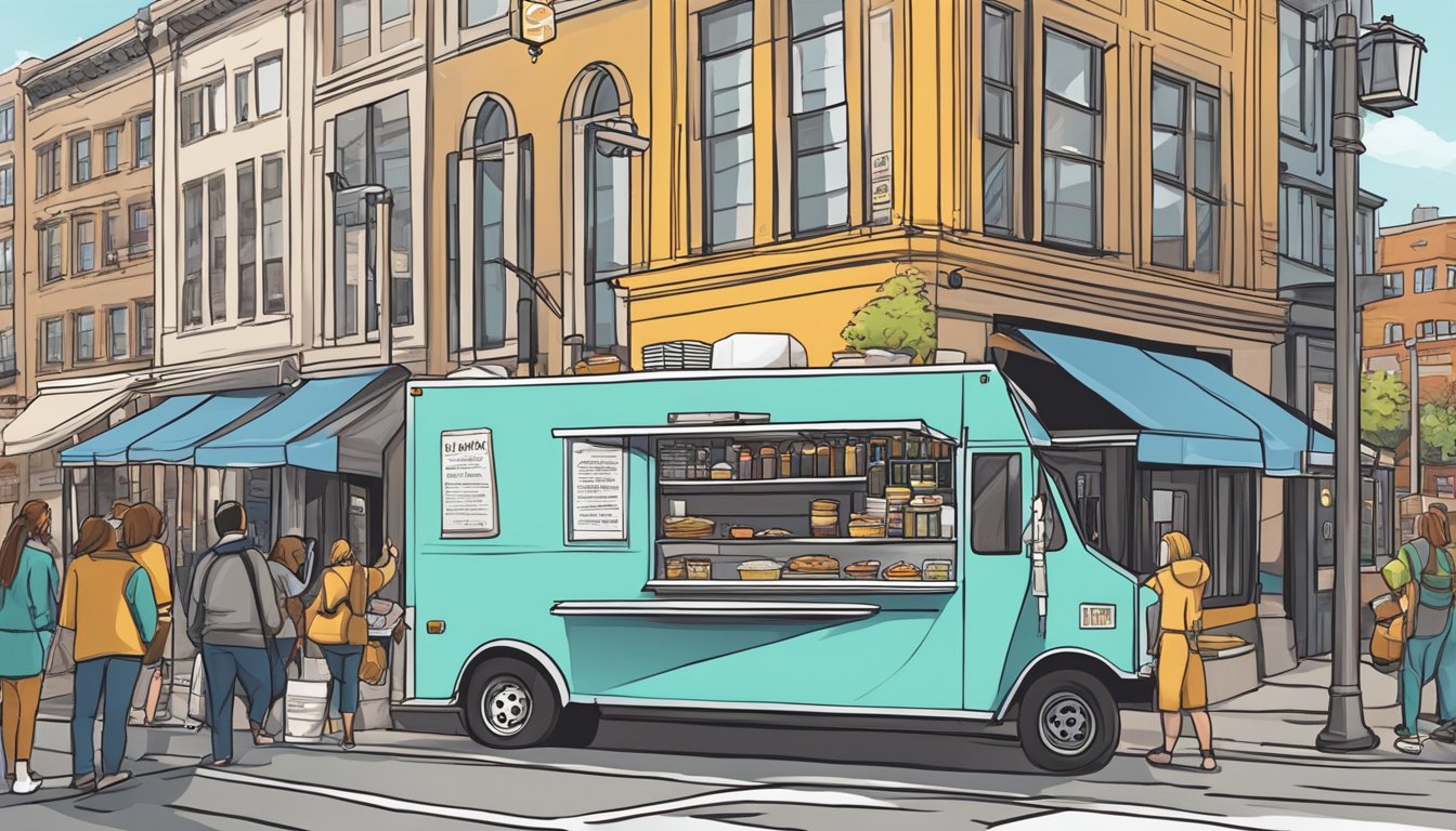 A food truck parked in a busy Pittsburgh street, strategically positioned to attract customers while complying with Pennsylvania food truck laws