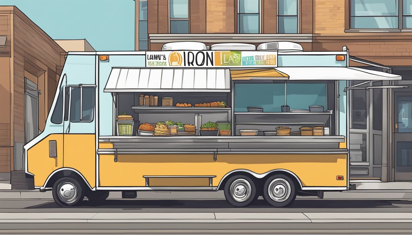 A food truck parked on a city street in Aurora, Colorado, with signage indicating compliance with local laws and regulations